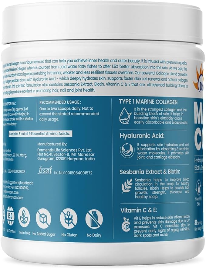 Marine Collagen Skin Protein Powder with Hyaluronic Acid Vitamin C Sesabania &amp Biotin Chocolate Flavour | 25 Servings - 250g