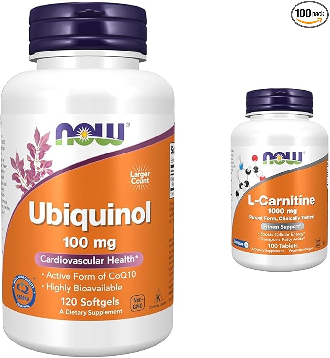 NOW Supplements Ubiquinol 100 mg High Bioavailability (The Active Form of CoQ10) 120 Softgels &amp Supplements L-Carnitine 1000 mg Purest Form Amino Acid Fitness Support* 100 Tablets