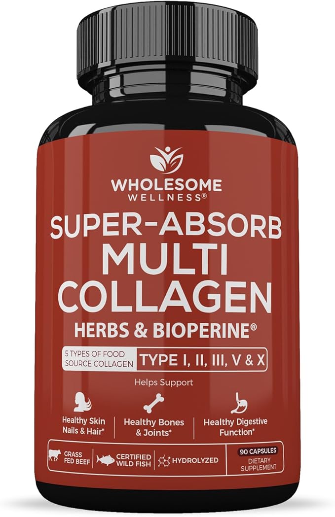 Wholesome Wellness Super-Absorb Multi Collagen Pills (Type I II III V X) Organic Herbs &amp Bioperine - Hair Skin Nails - Hydrolyzed Peptides Protein Supplement for Women &amp Men (90 Capsules)