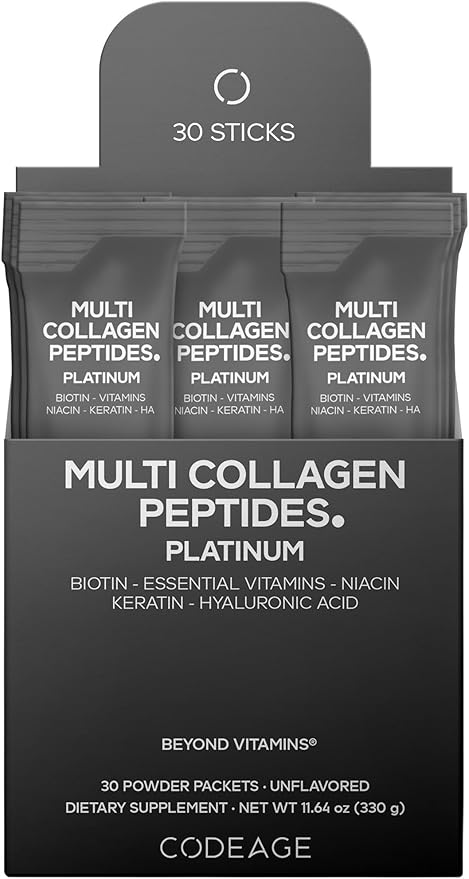 Codeage Multi Collagen and Biotin 10000 mcg + Vitamin C B6 &amp D3 Keratin Hyaluronic Acid Niacin 18 Amino Acids - Stick Packs Supplement - 5 Types Collagen Protein – 30 Powder Packets