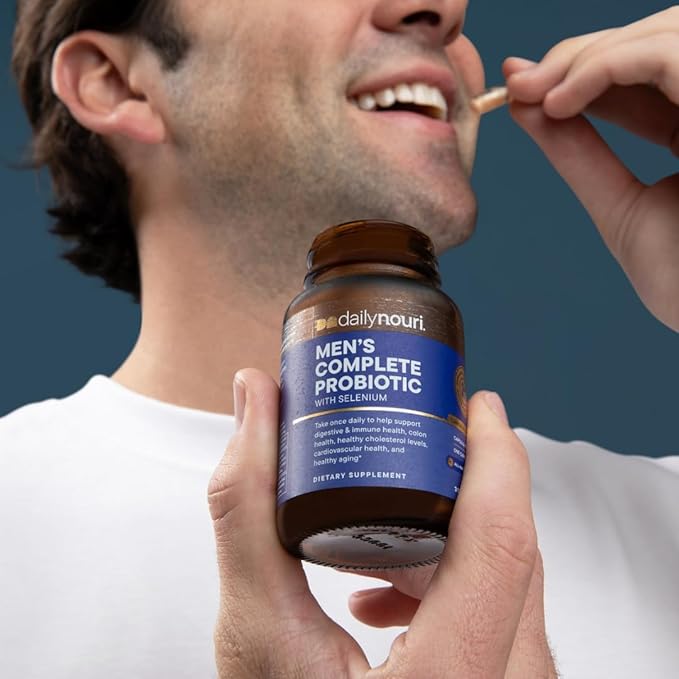 Daily Nouri Probiotics for Men | Digestive &amp Immune Support | Gut &amp Colon Health | 5 Clinically Studied Strains + Selenium &amp Omega | 60-Day Supply
