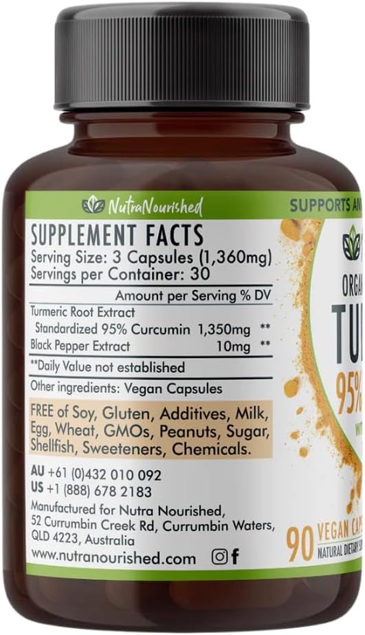 Nutra Nourished Organic Turmeric Curcumin with Black Pepper - 1350mg Standardized Tumeric 95% Curcumin| Highest Strength Curcumin Curcuma Capsules | Made in Australia (90 Capsules)