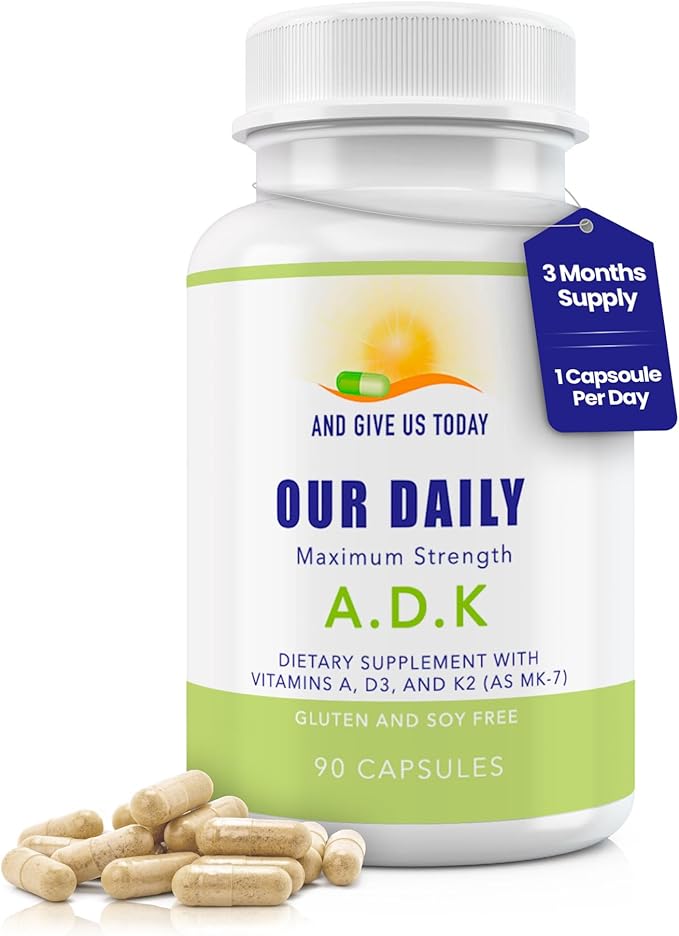 Daily Vites ADK Vitamin Supplement 5000 IU 90 Capsules - 3 Months Supply - High Potency Vitamin A D3 &amp K2 (MK-7) - Physician Formulated ADK for Bone Heart &amp Immune Support - Non-GMO Glute