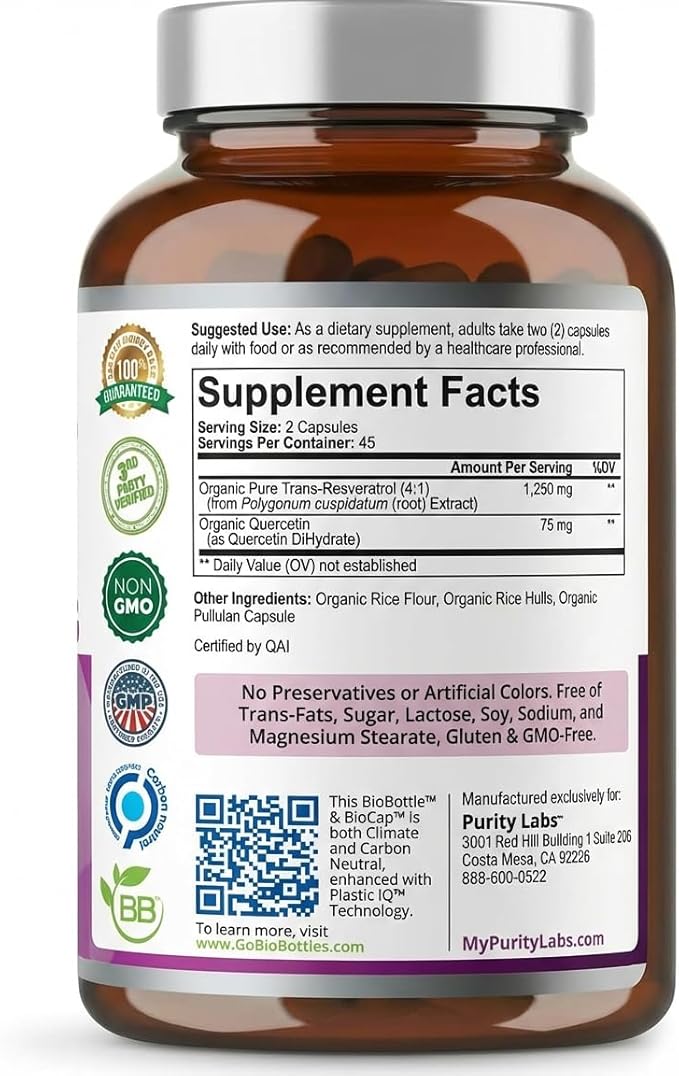 Purity Labs Trans-Resveratrol Supplement 5000 mg Equivalent per Serving with Quercetin USDA Organic High Potency Antioxidant Vegan Capsules 90 Count