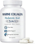 Colágeno Marino + Ácido hialurónico 5 in 1 Premium Formula 150 Capsules for Skin Hair Nails Health Hydrolyzed Collagen Type I with CoQ10 Biotin Vitamin C