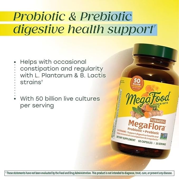 MegaFood MegaFlora Probiotics + Prebiotics Turmeric Supplement - Prebiotics and Probiotics for Women and Men Digestive Health 50 Billion CFUs 14 Strains - 60 Capsules (30 Servings)