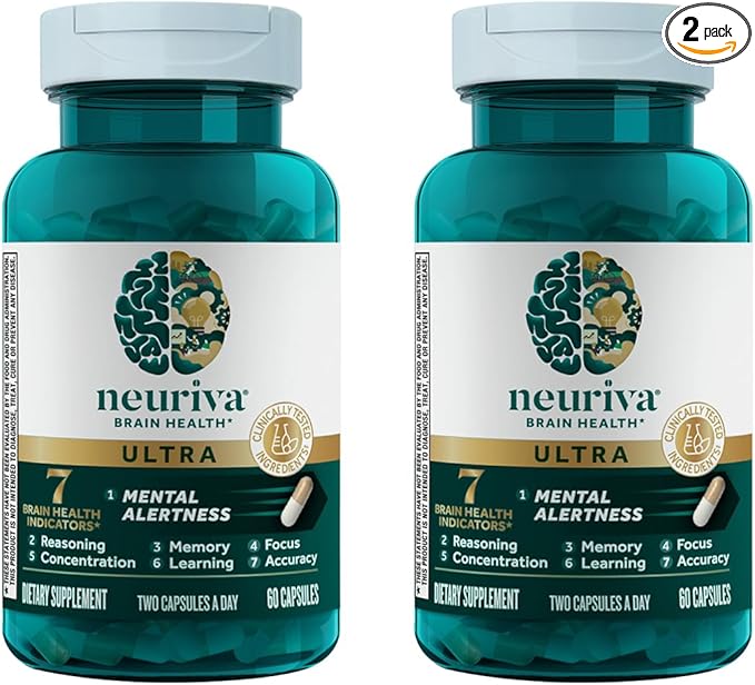 NEURIVA Ultra Decaf Clinically Tested Nootropic Brain Supplement for Mental Alertness Memory Focus &amp Concentration Cognivive Neurofactor Phosphatidylserine Vitamin B6 B12 60 Caps (2 Pack)
