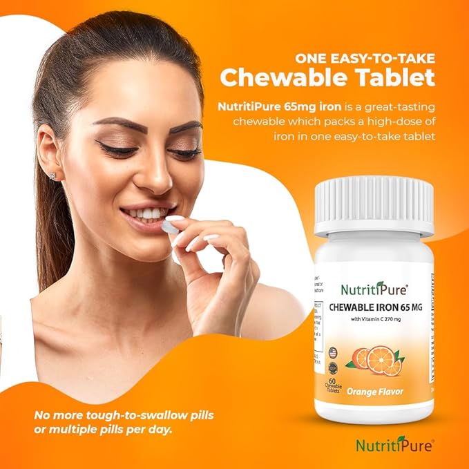 Chewable Carbonyl Iron 65mg Tablets with 270mg Vitamin C – 2 Pack (120 Count) – Gentle Non-Constipating Iron Supplement for Women &amp Men – Bariatric Friendly – Sugar Free – 4 Month Supply