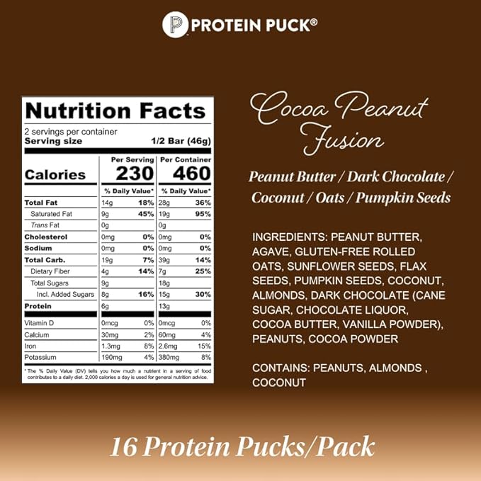 Protein Puck Plant Based Bars | Snacks with Vegan Protein | 16 Count | 3.25 oz Full Size | Gluten Free Non Dairy Kosher Certified Non GMO Premium Healthy Bars | Cocoa Peanut Fusion