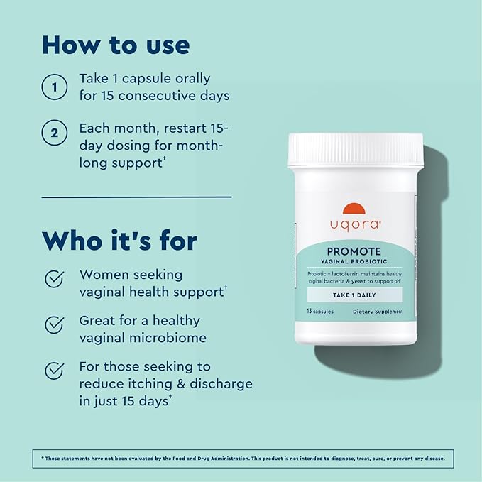 Uqora Promote - Support Vaginal Health* - Probiotic for Women with Lactoferrin Lactobacillus Acidophilus &amp Lacticaseibacillus Rhamnosus - Vaginal Probiotics - Gluten-Free - 30 Capsules (2 Pack)