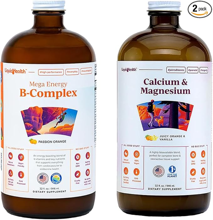 LIQUIDHEALTH Mega Energy B-Complex &amp Calcium and Magnesium Liquid Vitamin Bundle for Adults - Increase Natural Energy Level Support Bone &amp Joint Health Boost Immune System - Vegan Non-GMO