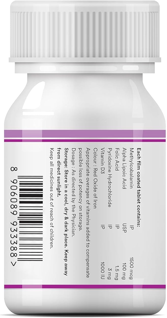 Vitamin B12 (Methylcobala.min) 1500mcg Supplement with ALA Folic Acid Vitamin D3 | Nerve and Brain Health for Men &amp Women – 60 Tablets