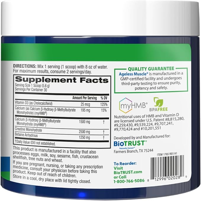 BioTrust Ageless Muscle Builder - Creatine HMB Powder with Vitamin D3 &amp Betaine - Build &amp Preserve Naturally Declining Muscle Mass &amp Strength - Unflavored 30 Servings