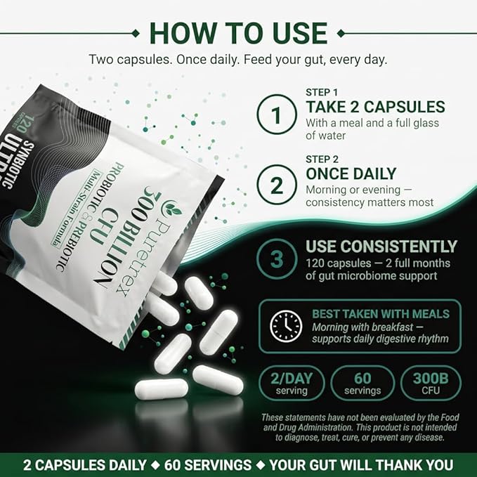 300 Billion CFU Probiotic &amp Prebiotic Supplement Multi-Strain Synbiotic Ultra Formula 120 Vegan Capsules with Digestive Enzymes and Black Pepper Extract