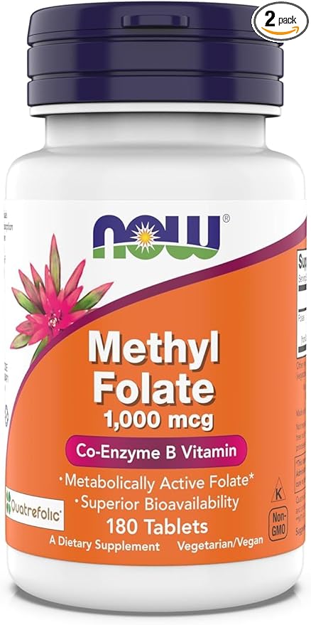 Now Supplements Methyl Folate 1000 mcg Metabolically Active Folate* Co-Enzyme B Vitamin 180 Tablets (Pack of 2)