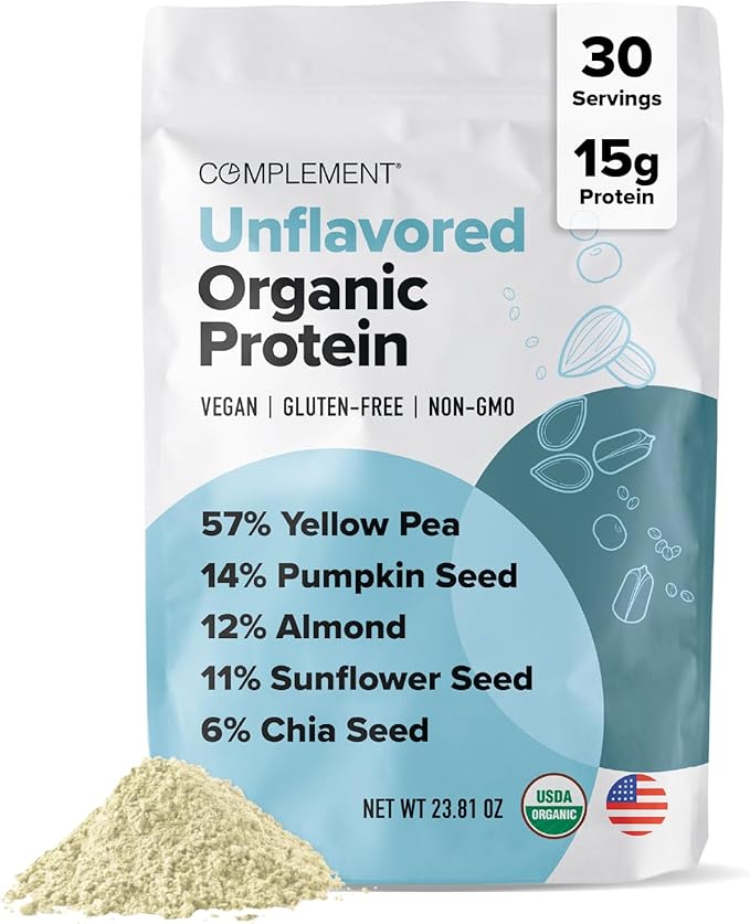 Complement Organic Unflavored Vegan Protein Powder (30 Servings) Low Carb Low Calorie Sugar Free Soy Free Non-GMO Gluten Free Non Dairy- Yellow Pea Pumpkin Seed- 15g Plant Based Protein Powder