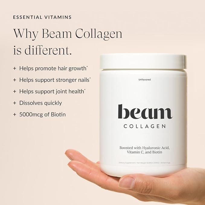 Beam Collagen Powder Collagen for Women Collagen with Hyaluronic Acid Collagen Peptides Type 1 and 3 with Biotin Grass Fed Bovine Third-Party Tested Best for Coffee Vitamin C 5 Servings