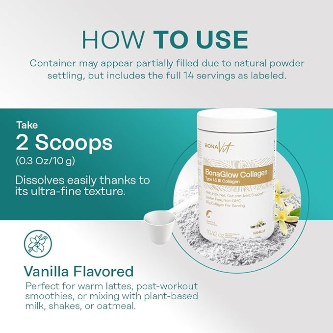 Collagen Peptides - Type I &amp III - Premium Hydrolyzed Collagen Powder - with Digestive Enzymes &amp Probiotics - High Dosis of Collagen &amp Protein - 14 Servings - BonaGlow Vanilla