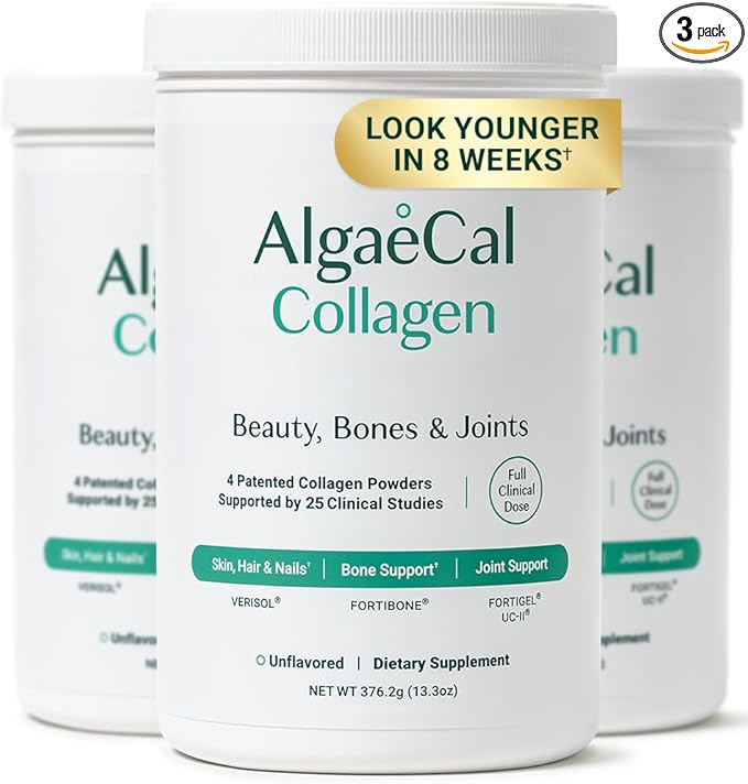 ALGAECAL Collagen - 4 Clinically-Supported Peptides VERISOL® FORTIGEL® UC-II® FORTIBONE® Anti-Aging Hydrolyzed Collagen Powder 3 Packs Made in USA