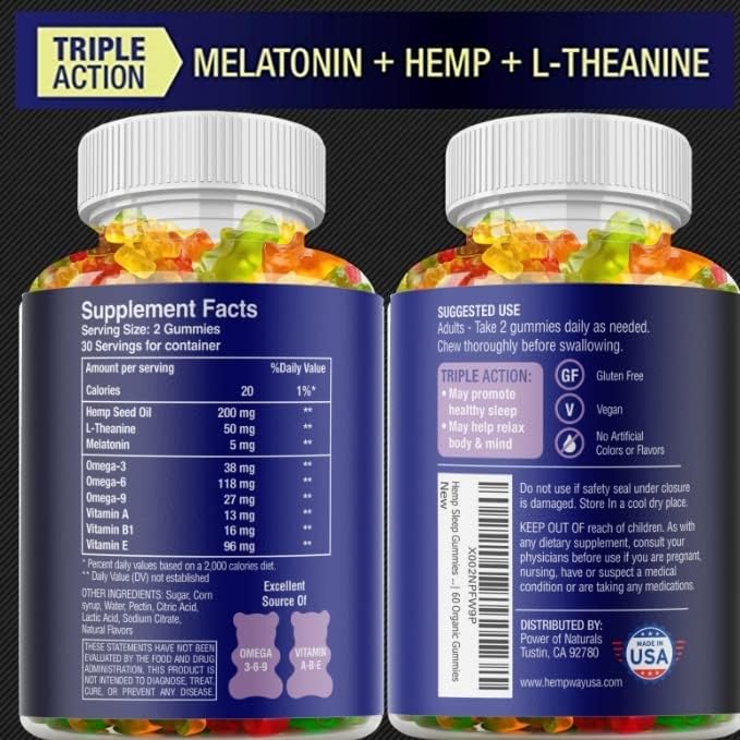 Hemp Sleep Gummies Triple Action | Promotes Healthy Sleep | Relaxes Body &amp Mind | Made in USA | 5mg Melatonin | 200mg Hemp | 10mg L-Theanine | 60 Organic Gummies