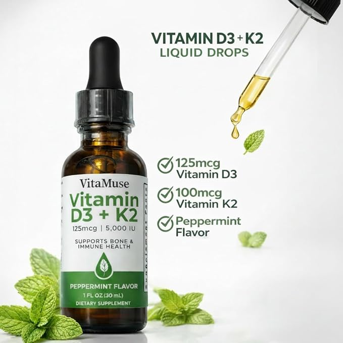 Vitamin D3 + K2 Drops 5000 IU D3 100 mcg K2 MK-7 Peppermint Flavor Liquid Tincture with Organic Oils Non-GMO Gluten-Free 1 fl oz