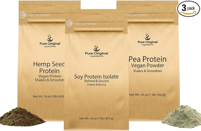PURE ORIGINAL INGREDIENTS Pea Protein Powder Soy Protein Powder and Hemp Seed Protein Powder Bundle 1 lb Each Soothies &amp Shakes Vegan