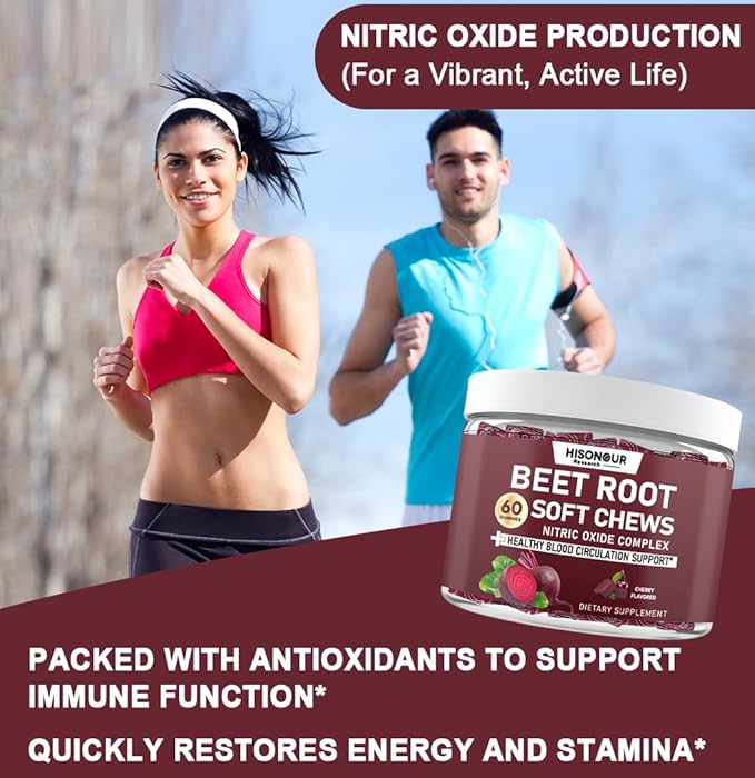 Beetroot Chews Beet Root Soft Chews with Grape Seed Pomegranate Black Pepper Vitamin C B12 Nitric Oxide Supplement for Men &amp Women Cherry Flavor Sugar Free 60 Chews