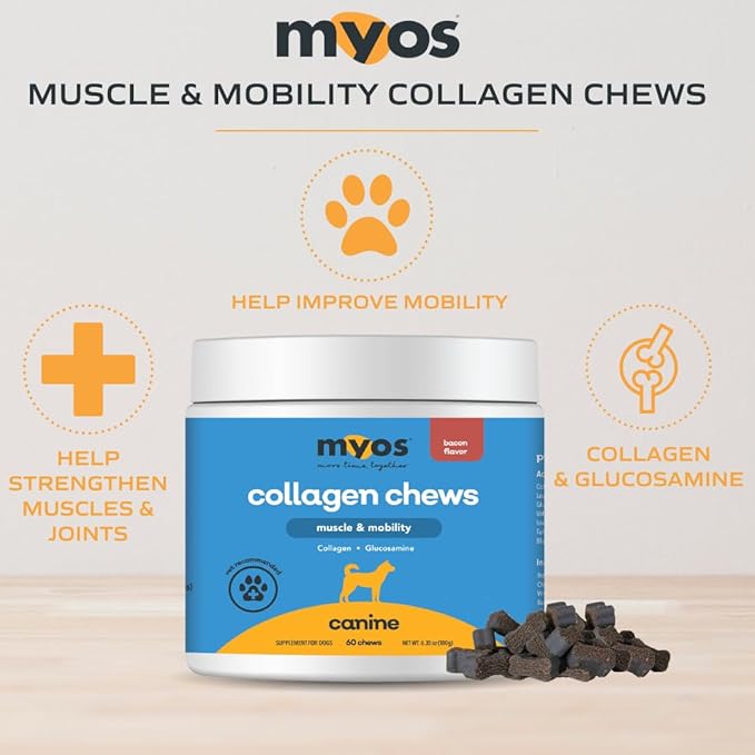 MYOS Canine Muscle &amp Mobility Chews – Collagen &amp Glucosamine for Dogs - Bacon Flavor Joint Supplement for Muscle Bone &amp Joint Support 60 Count
