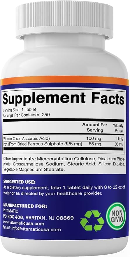 Vitamatic Ferrous Sulfate 325 mg with Vitamin C 100 mg (65 mg Elemental Iron) – High Potency Iron Supplement – No Artificial Colors – 250 Coated Tablets Made in USA - 2 Pack