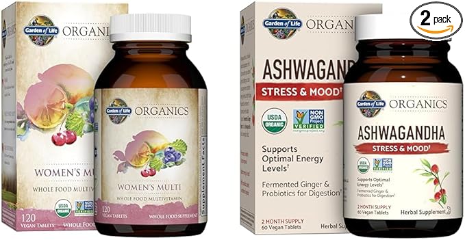 Garden of Life Organics Women's Multivitamin 120 Tablets and Ashwagandha Stress &amp Energy Support 60 Tablets Bundle