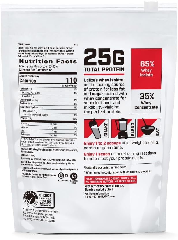 GNC Pro Performance 100% Whey Protein Powder 2.0 Fast Absorbing for Muscle Strength and Recovery Unflavored 12 Servings