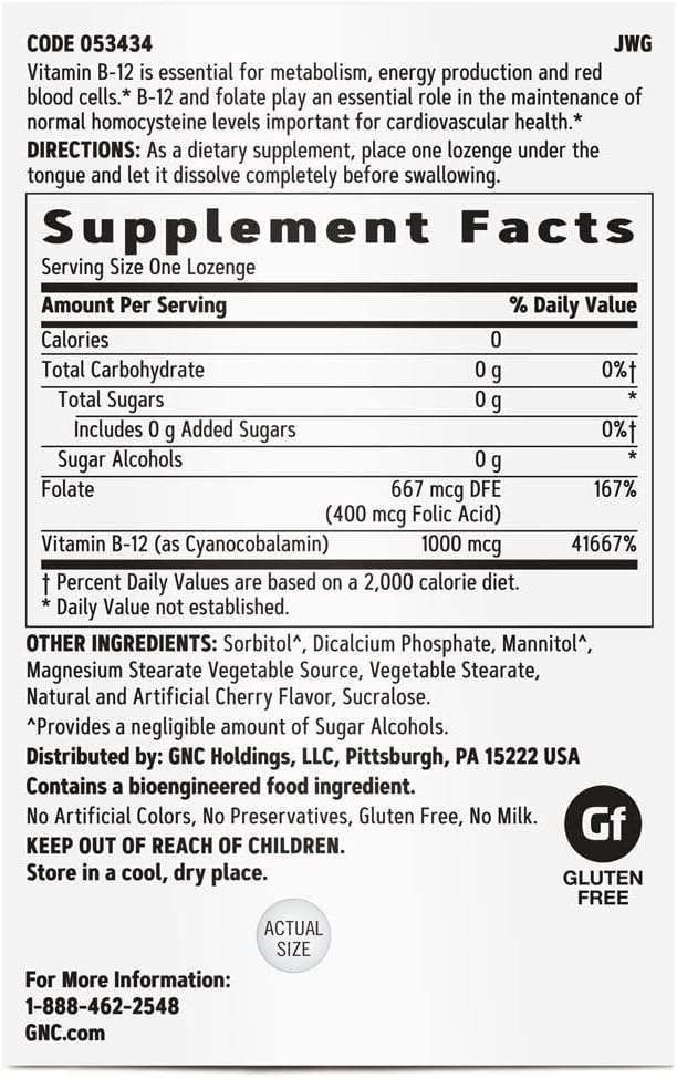 GNC Vitamin B-12 1000mcg Cherry Supports Energy Production 120 Lozenges