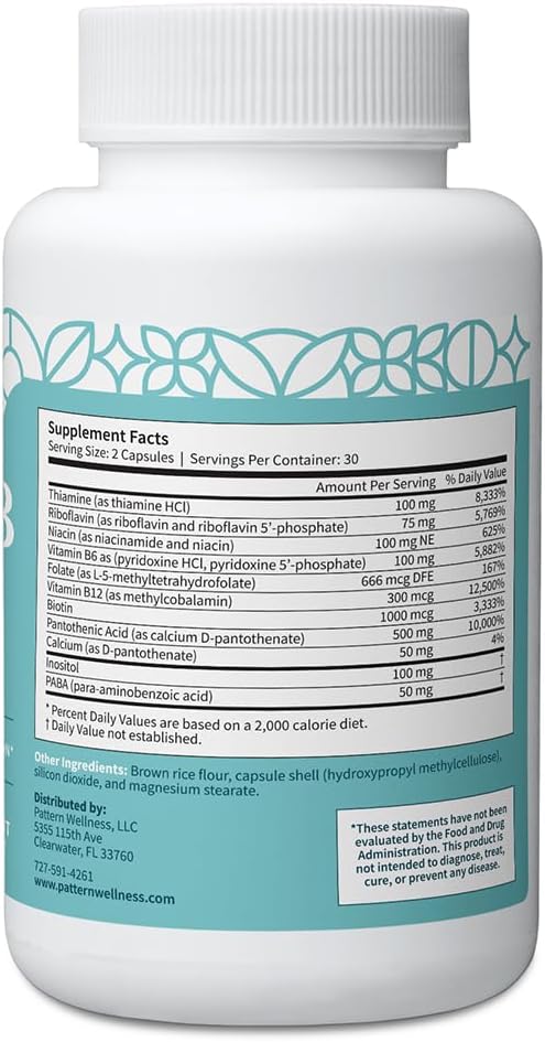 Pattern Wellness Vitamin B Complex Supplement - Comprehensive Blend of Essential B Vitamins - Supports Energy Cognitive &amp Cellular Health - 3rd Party Lab Tested - 60 Capsules