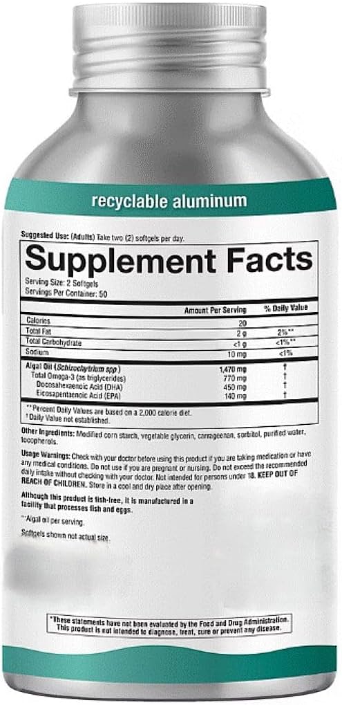 Omega Algae Oil Omega-3 Supplemen Ocean-Friendly 1470 mg – Plant-Based DHA &amp EPA – Supports Brain Eye &amp Heart Health – 100 Softgels