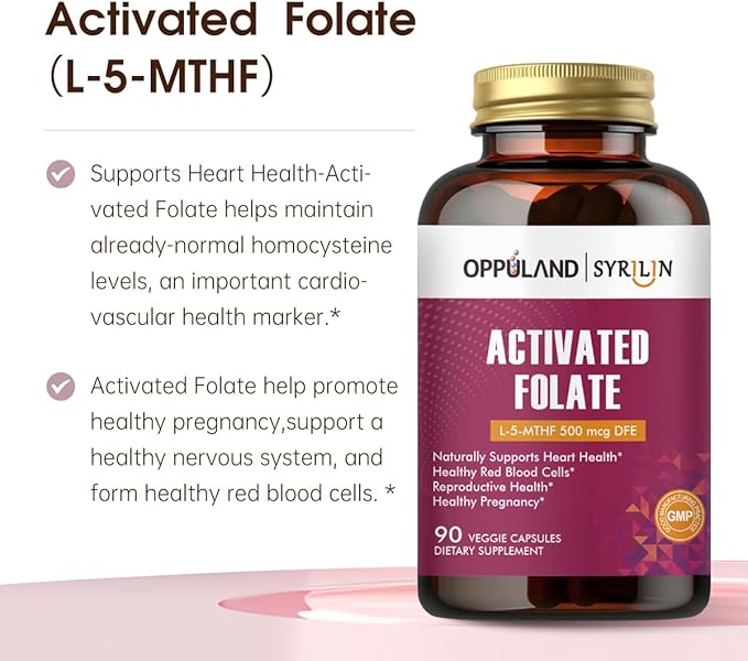 Activated Folate-L 5-MTHF DFE Supplement - Methylfolate B9 MTHF with Vitamin B12 CoQ10 &amp Red Raspberry - Methylated L-Methylfolate for Men and Women - 500 mcg - 90 Veggie Capsules