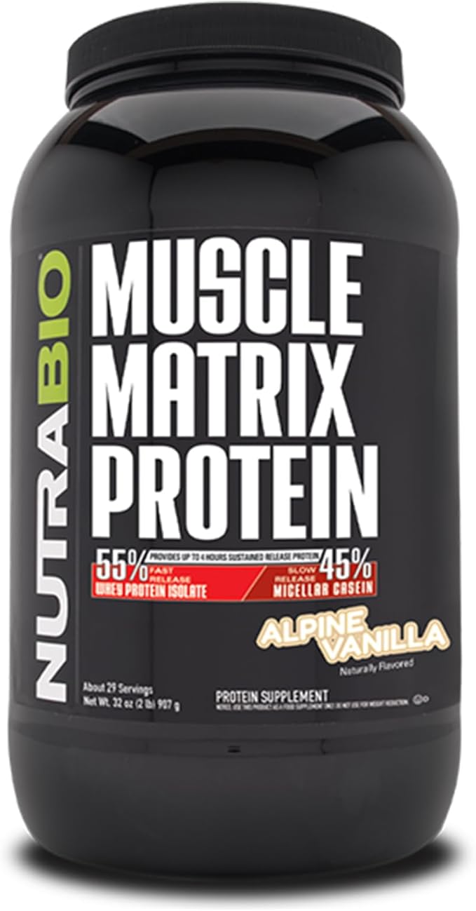 NutraBio Muscle Matrix Protein Powder - 25g of Protein Per Scoop - Whey Isolate and Micellar Casein Combo for Fast and Slow Release - Vanilla - 2 Pounds 28 Servings