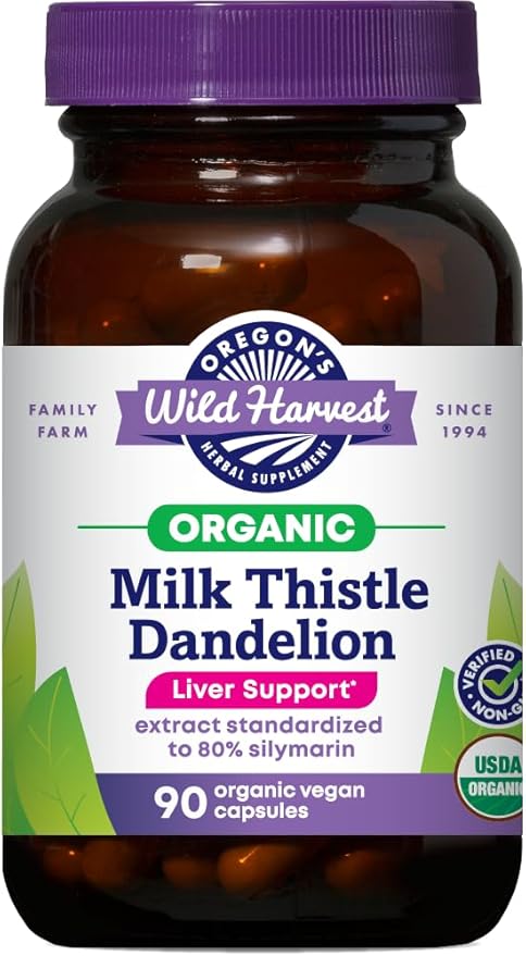 Oregon's Wild Harvest Certified Organic Milk Thistle Dandelion Capsules Liver Support Extract Standardized to 80% Silymarin 90 Count