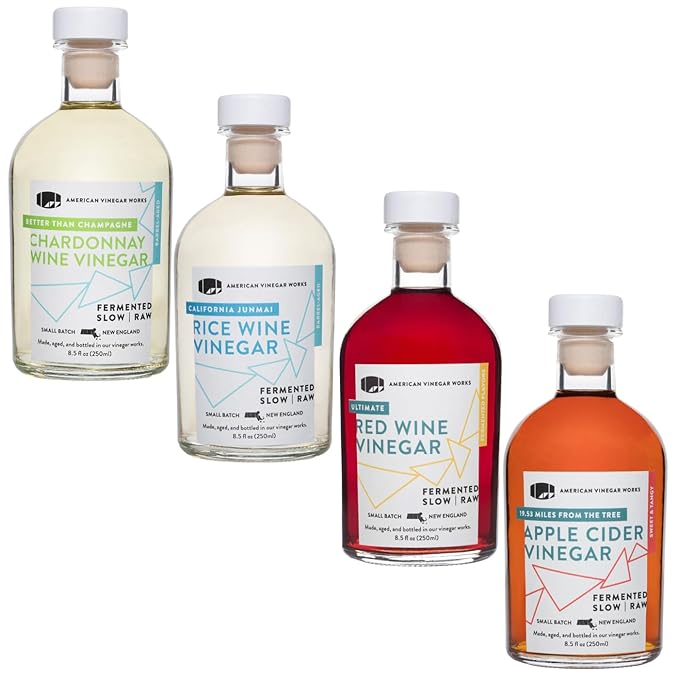American Vinegar Works - Essentials Kitchen Vinegars - Includes Apple Cider Red Wine Rice Wine and Chardonnay Wine Vinegars - Packed in a Custom Box - Great for Gifts - 8.5 oz Bottles - 4 Pack
