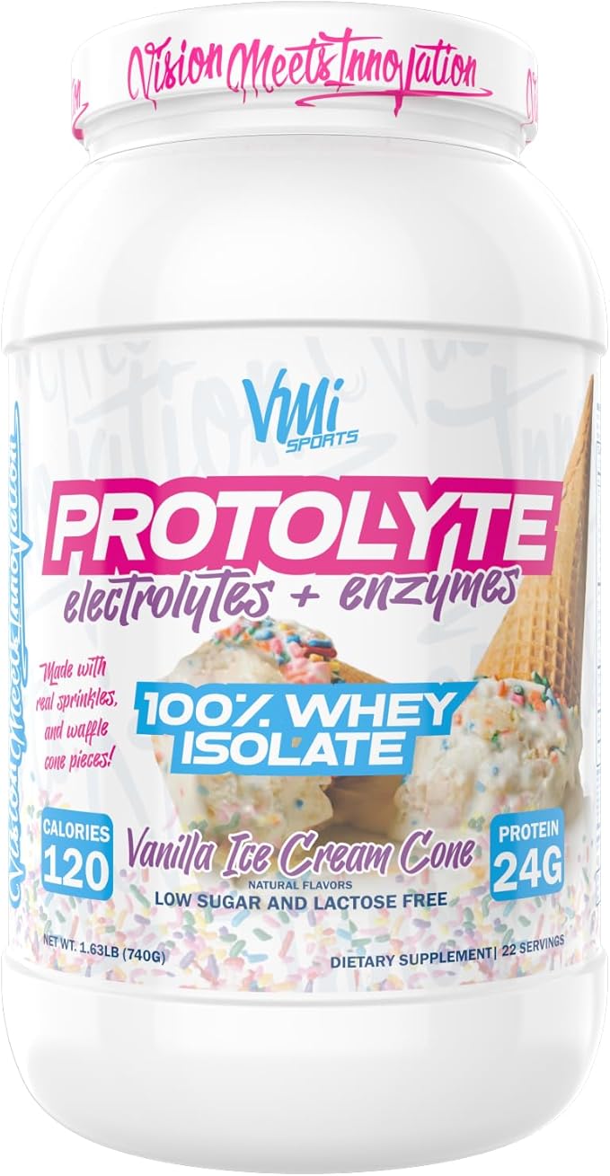 VMI Sports | ProtoLyte Whey Isolate Protein Powder | Low Calorie Whey for Weight Loss and Muscle Gain | Digestive Enzymes | Non-GMO (1.6 lb Vanilla Ice Cream Cone)