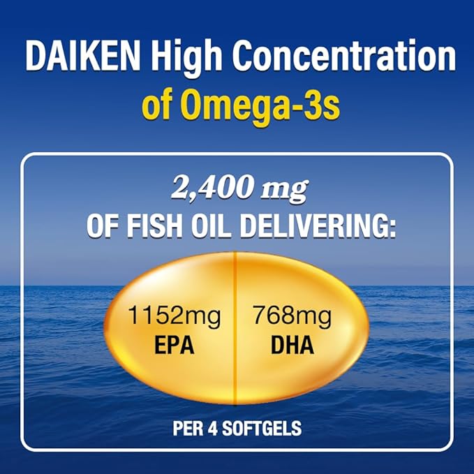 DAIKEN Mini Fish Oil 1200 mg rTG Omega 3 1000mg 60 Softgels High Absorption &amp Burpless Fish Oil for Healthy Heart Brain and Dry Eyes Support (Pack of 2)