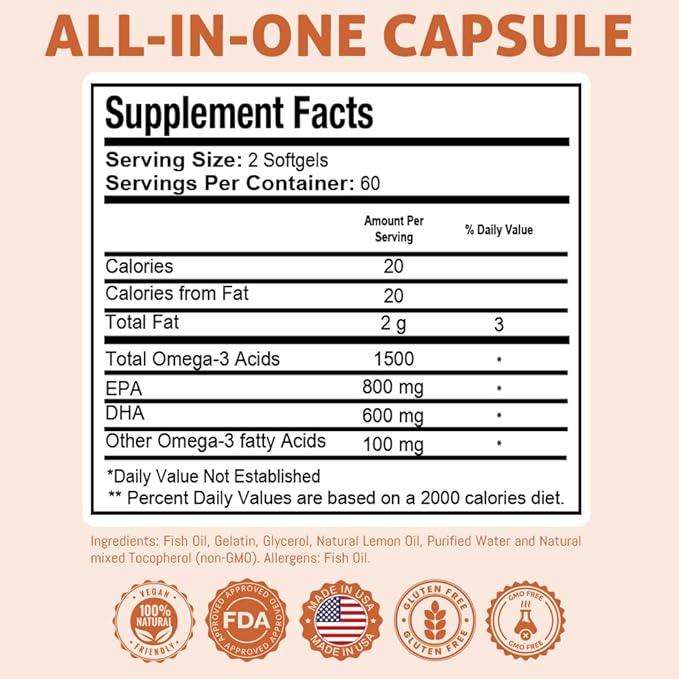 Health Dose Omega 3 Fish Oil 2000mg – Lemon-Flavored Softgels with EPA 800mg &amp DHA 600mg for Brain Heart and Wellness Support – Easy-to-Digest No Fish Burps – 120 Softgels 2-Month Supply