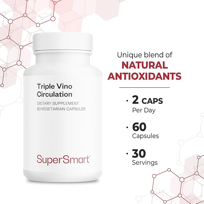 Supersmart Triple Vino Circulation (High Potency) - 3-in-1 Formula - Red Vine Leaf Extract - with Grape Seed &amp Marc | Vegan &amp Gluten Free - 60 Veg Capsules