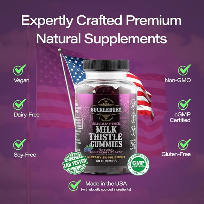 Bucklebury Sugar-Free Milk Thistle Gummies 1000mg with Natural Blueberry Flavor - Vegan Gluten-Free Non-GMO Natural Milk Thistle Supplement for Liver Health Immunity &amp Antioxidant Support -60 C