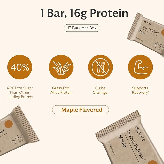 ProMix Nutrition Protein Puff Bars - Maple - Marshmallow Crispy Treat - High Protein &amp Low Calorie - 12 Bars