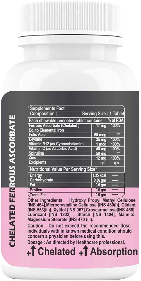 Viva Iron Tablets with Folic Acid Vitamin C B12 lysine Spirulina &amp Zinc Supplements As Haemoglobin Builder Immunity Boosters Energy for Women Teenager Girls – 60 Chewables (Pack of 1)