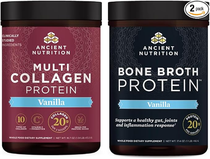 Ancient Nutrition Multi Collagen Protein Powder Vanilla 45 Servings + Bone Broth Protein Powder Vanilla 20 Servings