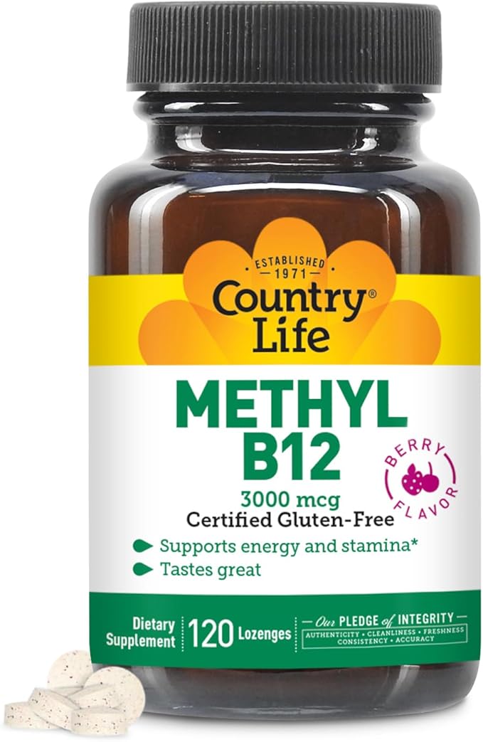 Country Life Methyl B12 3000 mcg Lozenges Supports Energy &amp Stamina Metabolism &amp Red Blood Cell Production Berry Flavor 120 Vegan Lozenges Certified Gluten Free &amp Halal
