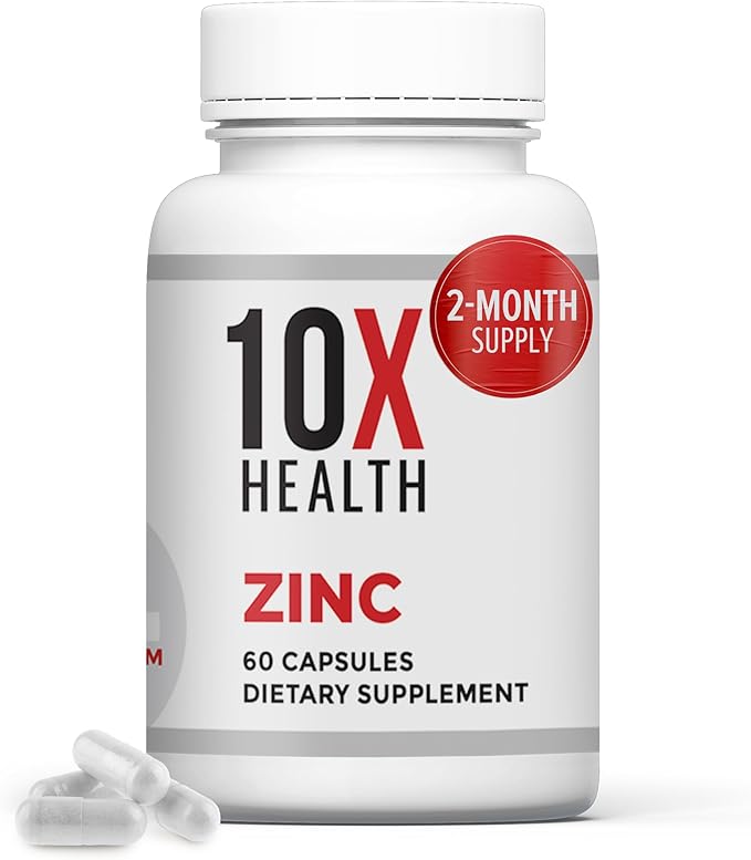 10X Health Zinc Supplements - Contains Zinc 30mg for DNA &amp Protein Synthesis Overall Wellness &amp Immune Support Supplement - Highly Absorbable Vitamins (60 Capsules)