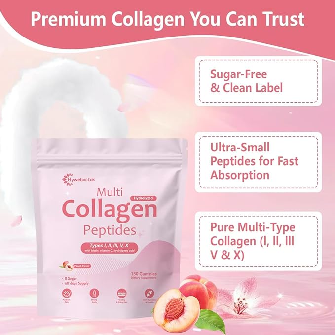 180 Count Marine Collagen Gummies for Women Men Sugar Free Hydrolyzed Collagen Peptides Type IIIIIIVX w/ 5000 Mcg BiotinHyaluronic Acid Vitamin C A D E B6 B12 for Skin Hair Nails Bone Health