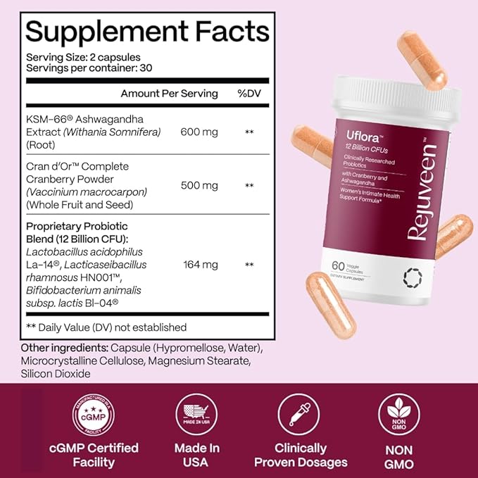 Uflora Vaginal Probiotics | Supports Vaginal Health Moisture &amp Yeast | Enhances Intimate Wellness | Clinically Proven Dosages | Probiotics Cranberry Ashwagandha | 60 Ct (3 Pack)